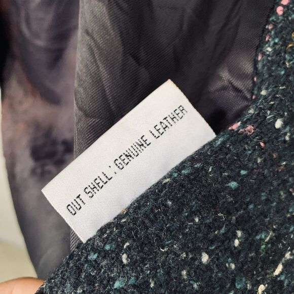 Vintage 80s Women L/XL* Coat Black Tweed Speckled Wool Leather Button Mod Gogo - Picture 15 of 15